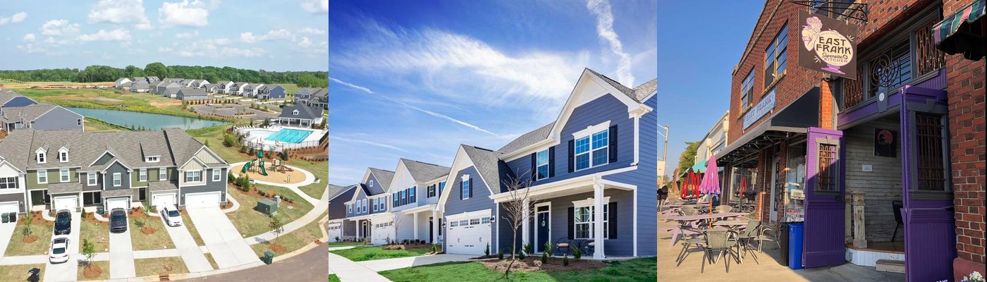 Real photos of Marshville, NC — aerial neighborhood view, new homes, and downtown Marshville